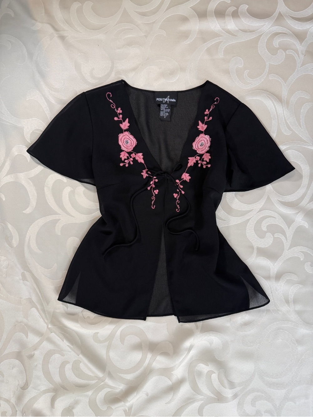 Positive Attitude Black Blouse with Pink Floral Embroidery and Tie Front